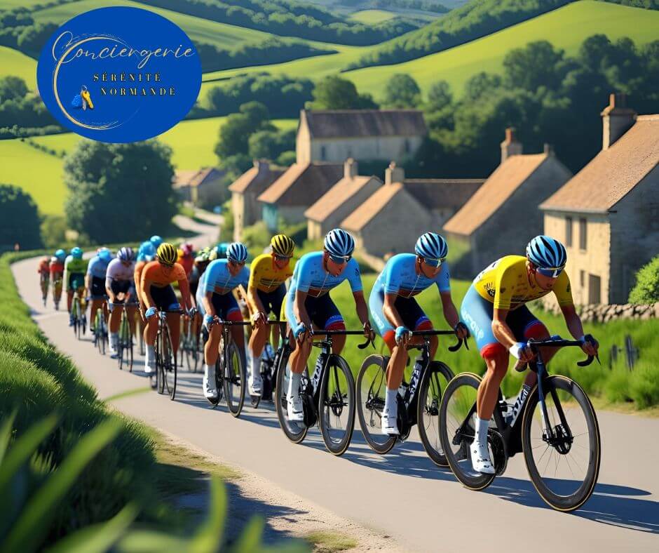 Cyclistes du Tour de France 2025 Normandie traversant la campagne
