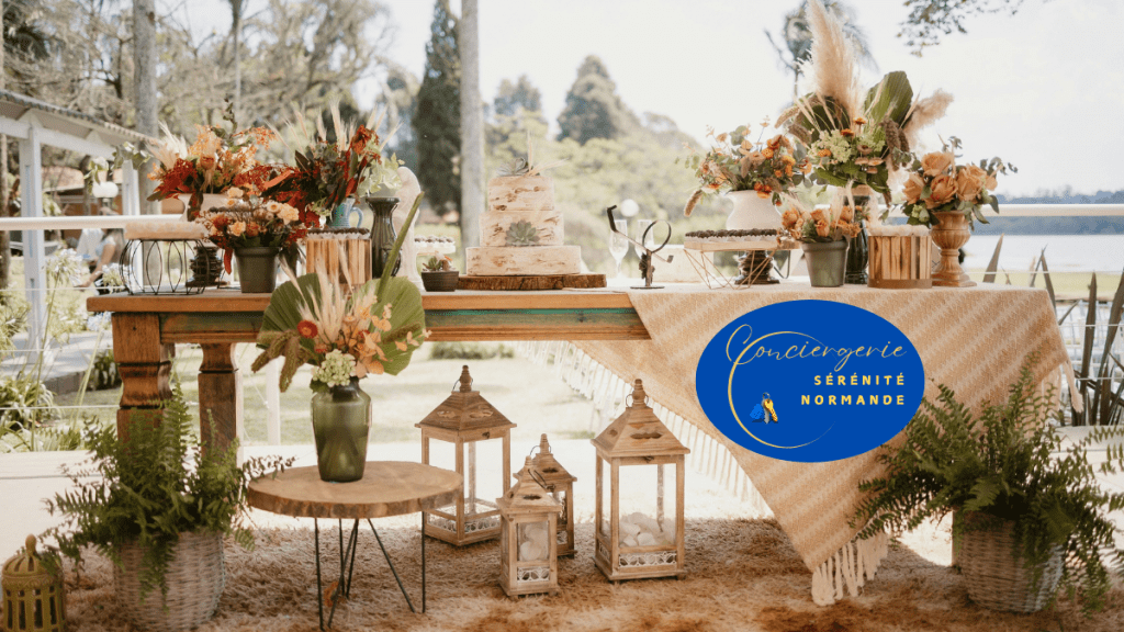 💡 Comment valoriser son logement en location courte durée – 7 astuces puissantes et faciles 3 Buffet décoré de fleurs, lanternes et gâteaux dans un style champêtre chic, avec vue sur la nature.