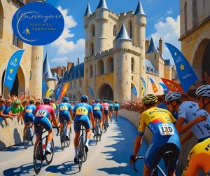 Passage du Tour de France 2025 Normandie devant un château historique.