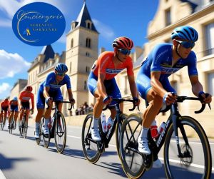 Cyclistes en course lors du Tour de France 2025 Normandie dans une ville historique.