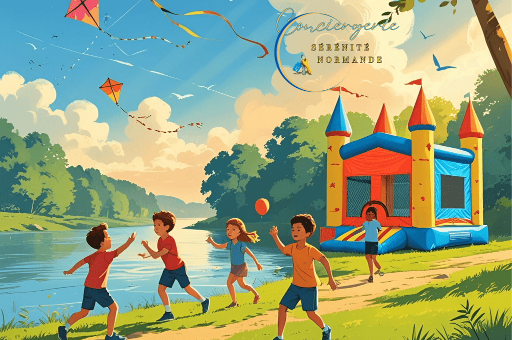 Jeux gonflables et enfants jouant au bord de la Seine durant Un été en Seine 2025 aux Andelys
