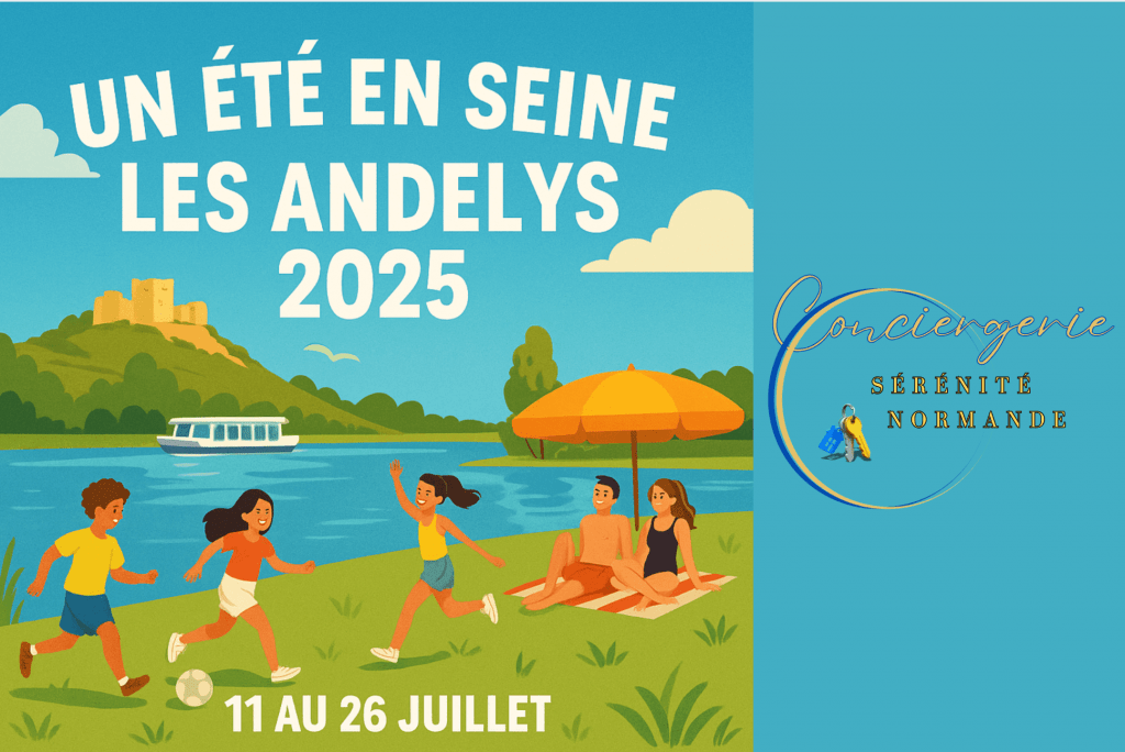 Affiche de l'événement Un été en Seine Les Andelys 2025, du 11 au 26 juillet avec enfants et rivière en illustration