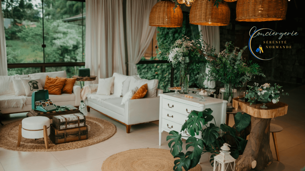 💡 Comment valoriser son logement en location courte durée – 7 astuces puissantes et faciles 5 Salon bohème chic avec canapés blancs, déco végétale et mobilier naturel.