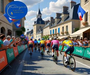 Passage des cyclistes du Tour de France 2025 Normandie dans un village typique.