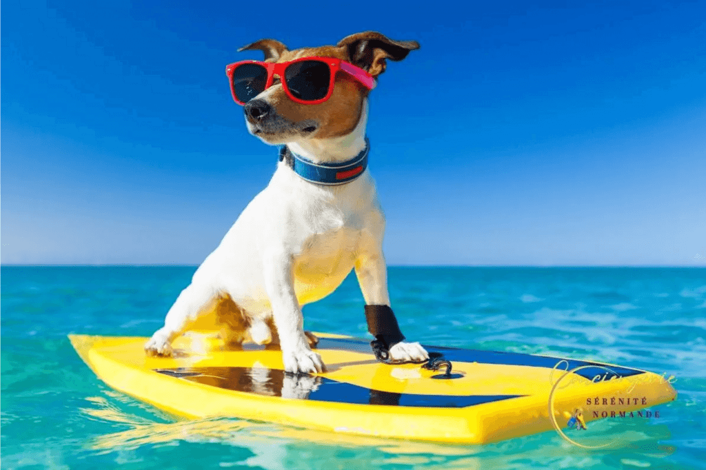 Chien faisant du surf sur une plage dog-friendly en Normandie 